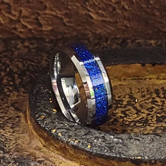 Engraved Mens Blue galaxy Opal Tungsten Ring  - Picture 4 of 9
